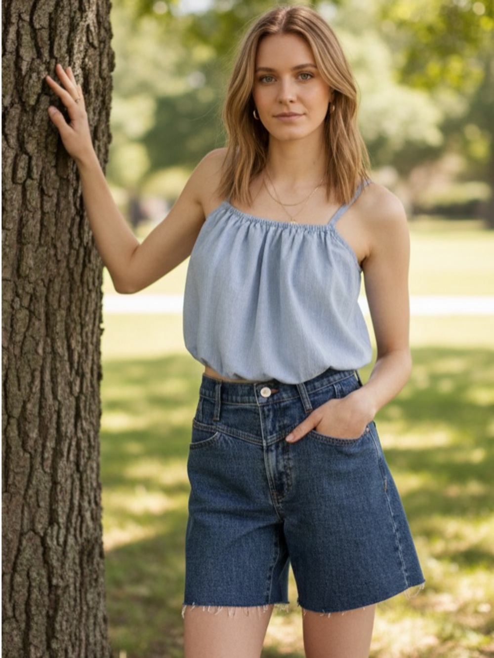 Madewell Chambray Bubble Bubble Crop Top
